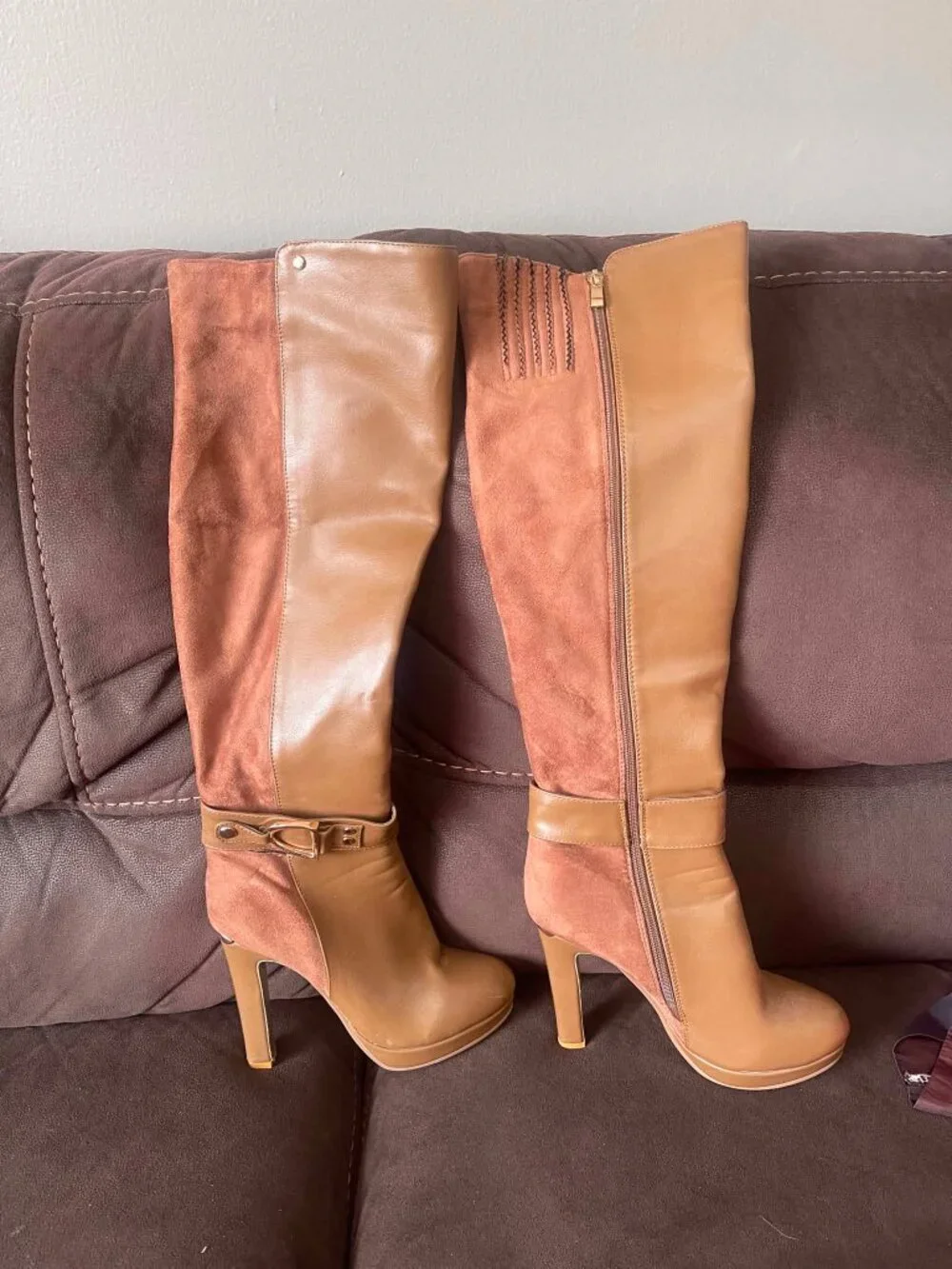 Italina Brown Two-Tone Knee-High Heeled Boots